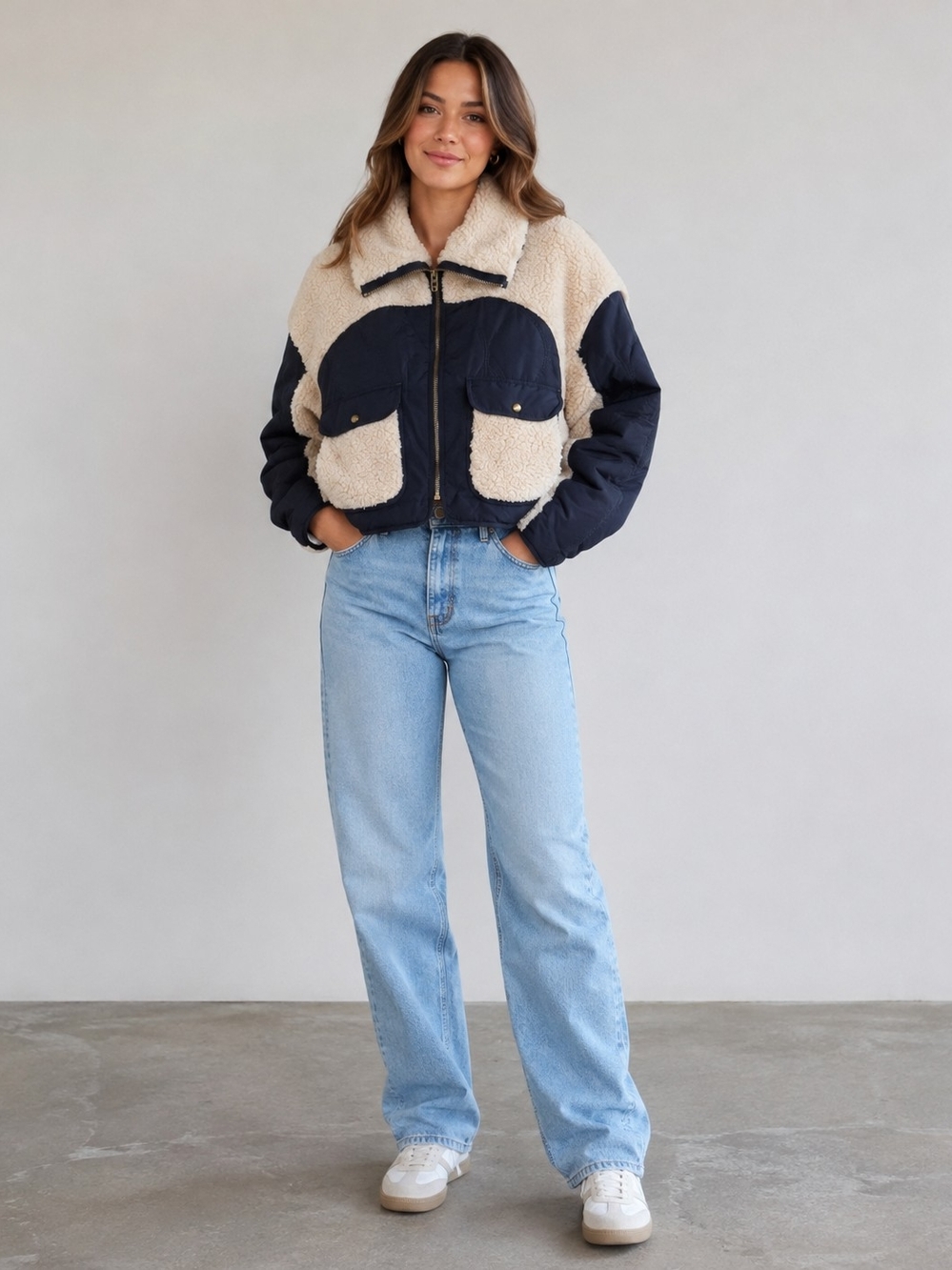 Blank NYC Cream and Navy Sherpa Crop Jacket